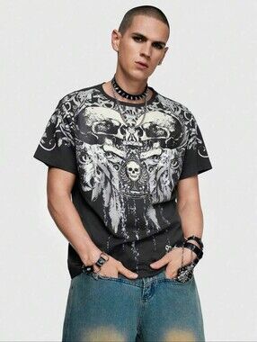 ROMWE Grunge Punk Gothic Skull Print Short Sleeve Graphic T-Shirt - Mens Large
